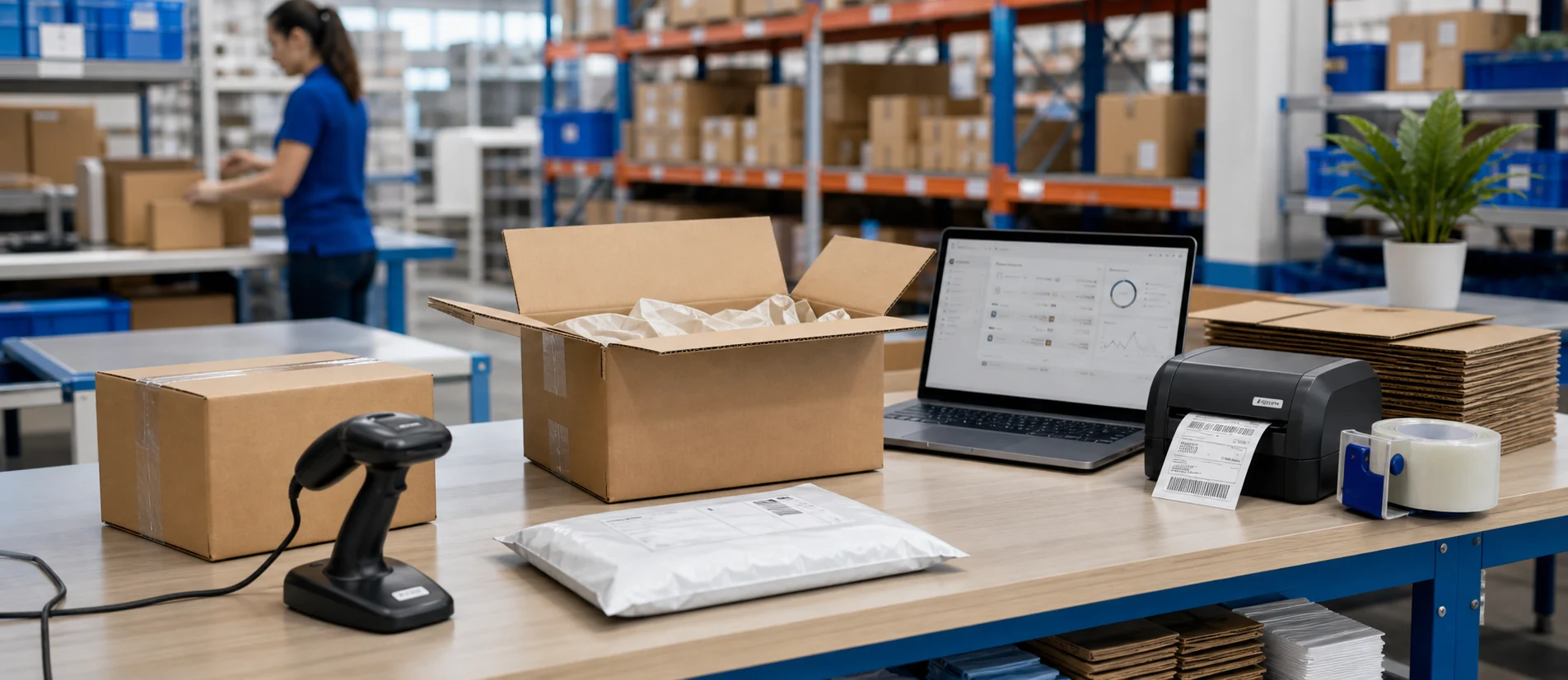 Ecommerce order packing bench and order processing workstation